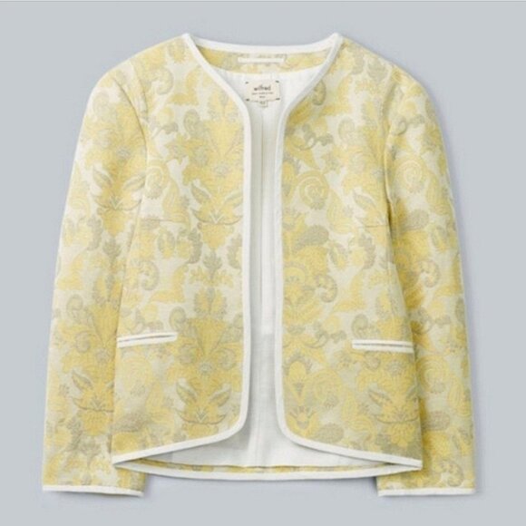 Aritzia Wilfred 'Festin' Brocade Jaquard Blazer Jacket Sz 2 Open Front Yellow - Picture 1 of 13